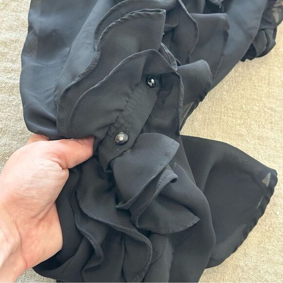 Antilia Femme Blouse Tie Waist Sheer Black Ruffle Hem Pleated Button Up Sz Large - Picture 7 of 8